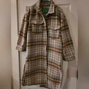 Cozy Oversized Plaid Teddy Jacket - Brown and Gray